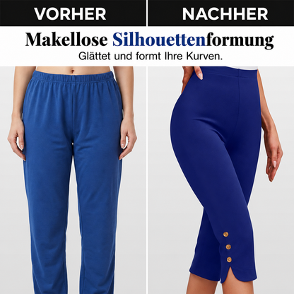 Hoch taillierte, weit geschnittene Culottes aus Stretchstoff mit seitlichem Knopfdetail