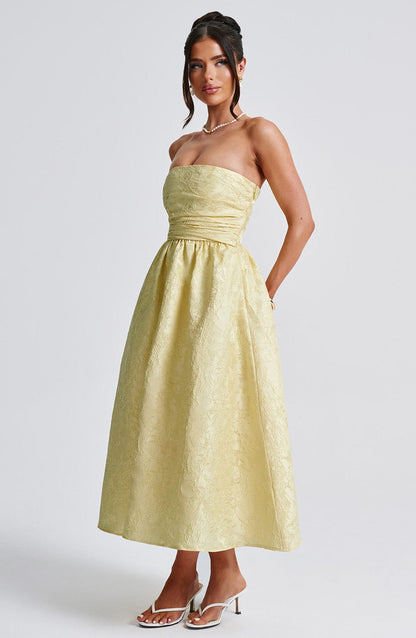 Blumiges Jacquard-Trägerloses Midikleid Zitrone