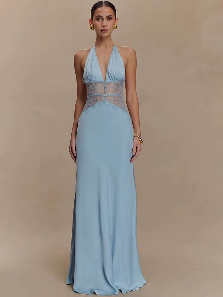 Maxikleid mit Neckholder, Spitzen-Detail, Rückenfrei, Ärmellos, festliches Kleid