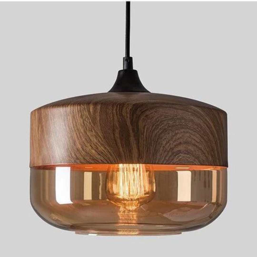 Skandinavische Holz-Deckenlampe mit getöntem Glas