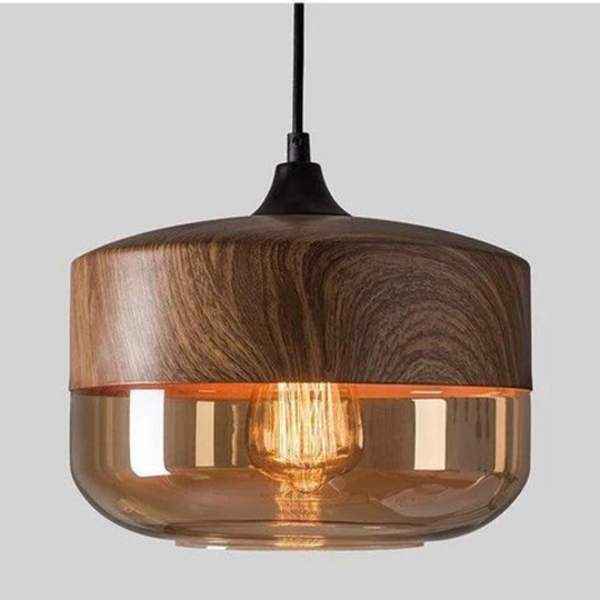 Skandinavische Holz-Deckenlampe mit getöntem Glas