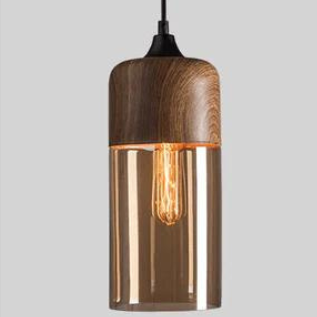Skandinavische Holz-Deckenlampe mit getöntem Glas