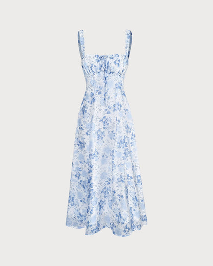 Midikleid mit floralem Print, gerafftem quadratischem Ausschnitt, blau