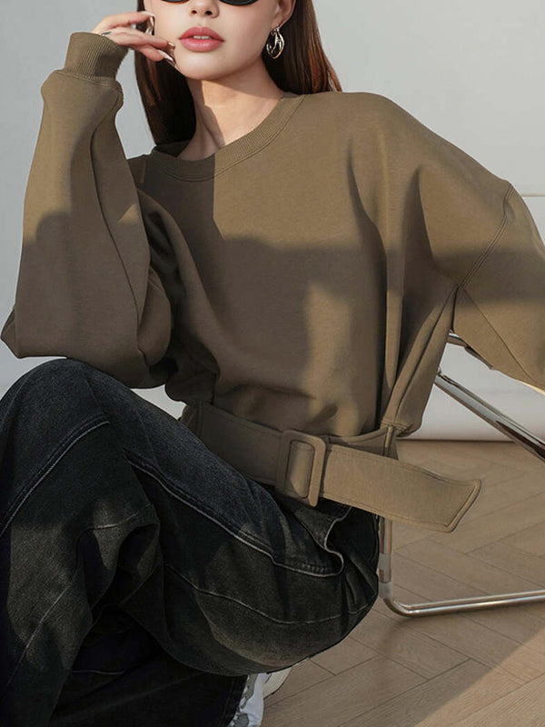 Damen Sweatshirt Mit Gürtel Und Rundhalsausschnitt