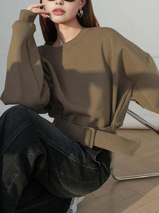 Damen Sweatshirt Mit Gürtel Und Rundhalsausschnitt