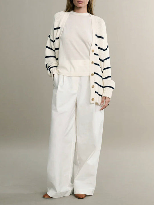 Damen Gestreifter Cardigan Mit V-Ausschnitt Und Knopfleiste