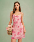 Floral Print Chiffon Wasserfallausschnitt Slip Minikleid Rosa