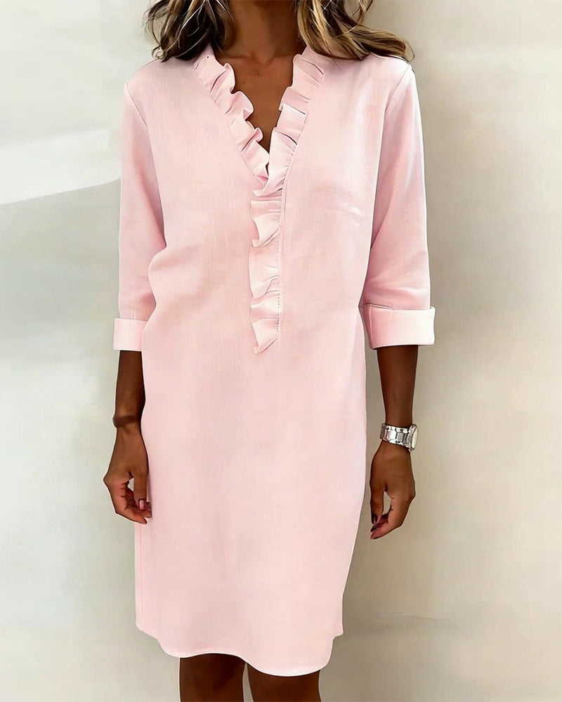 Leinenmischgewebe Kleid mit Volant und geradem Schnitt