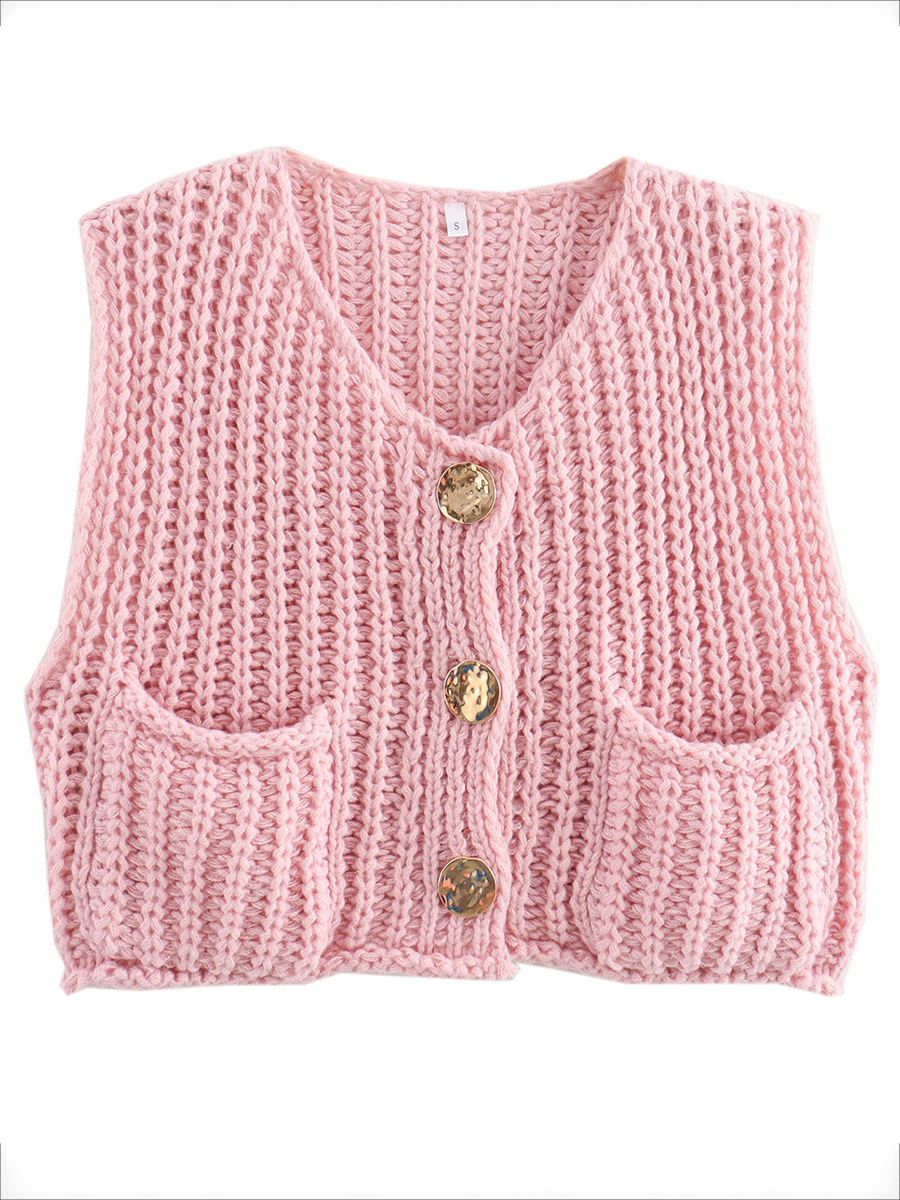 Damen Strickweste Ärmellos Mit Knöpfen Und Taschen