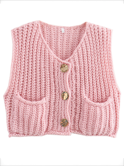 Damen Strickweste Ärmellos Mit Knöpfen Und Taschen
