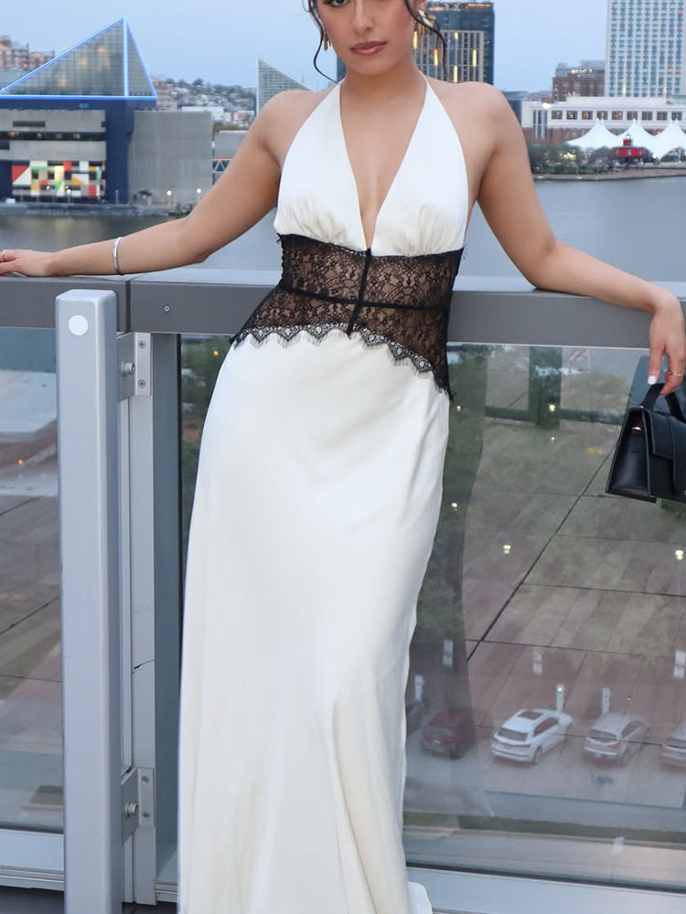 Maxikleid mit Neckholder, Spitzen-Detail, Rückenfrei, Ärmellos, festliches Kleid