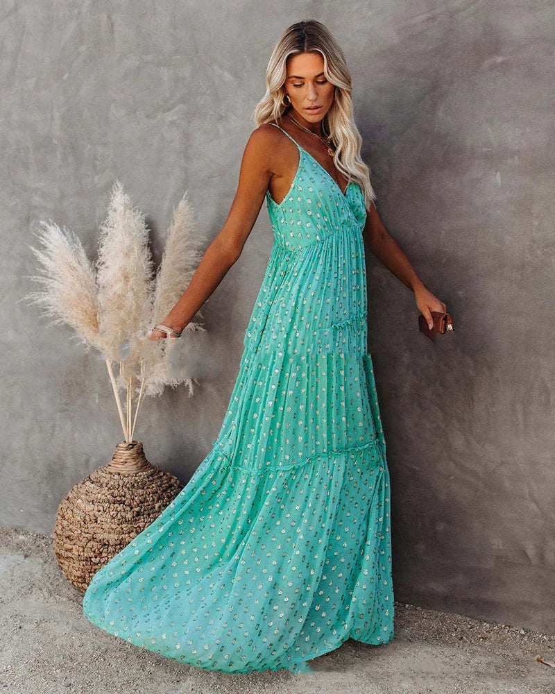 Boho-Chic Grünes Langes Sommerkleid