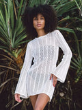 Rückenfreies gehäkeltes Strick-Minikleid mit langen Ärmeln Strandüberwurf