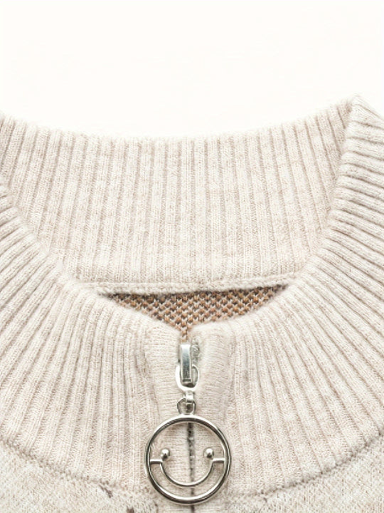 Jacquard Strickjacke mit Reißverschluss und Stehkragen für Damen