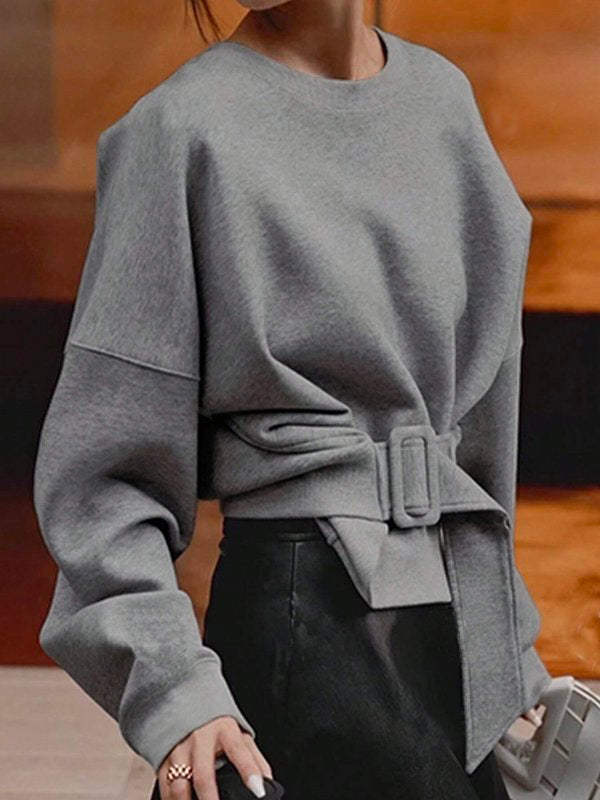 Damen Sweatshirt Mit Gürtel Und Rundhalsausschnitt