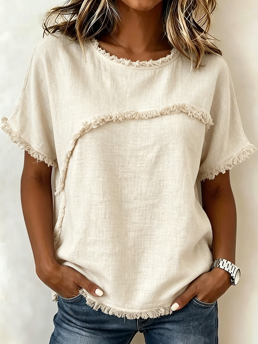 Lässiges Damen T-Shirt mit Fransen und kurzen Ärmeln im Freizeitlook