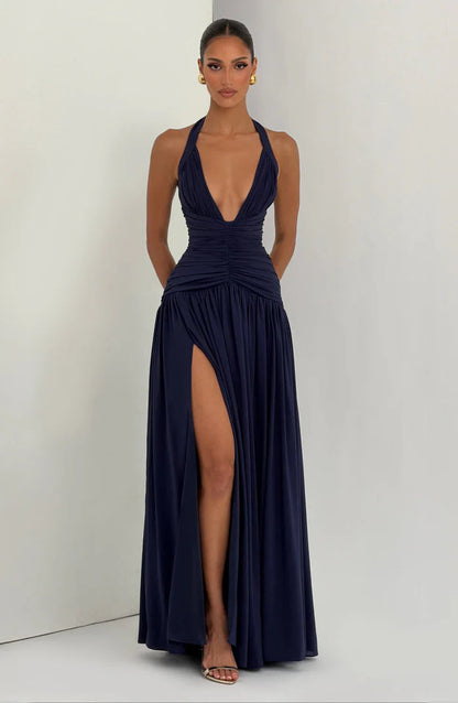Fließendes Ärmelloses Maxikleid Marineblau Salbei Gelb