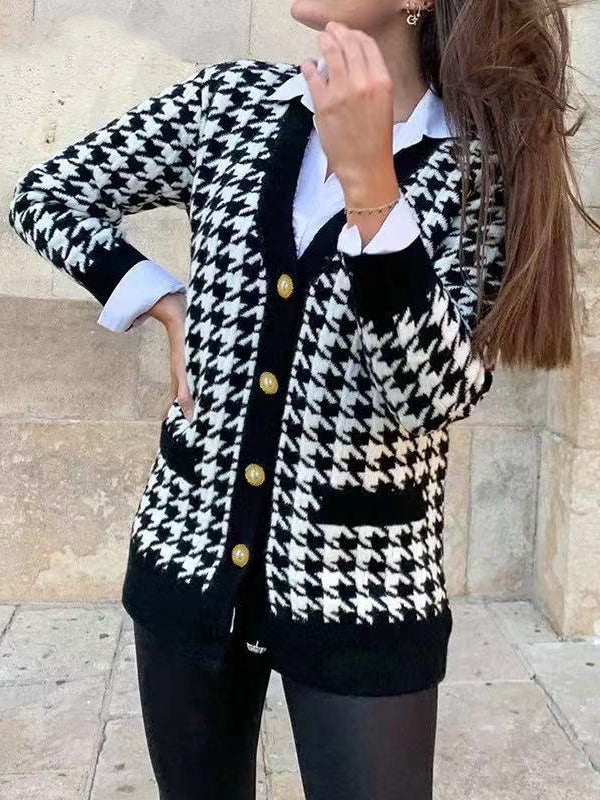 Damen Strickjacke Mit Karomuster Und V-Ausschnitt