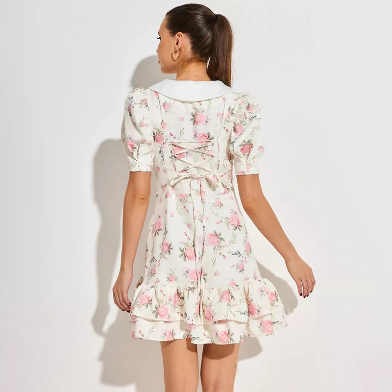 Damen Mini Kleid mit Puffärmeln und Rüschen