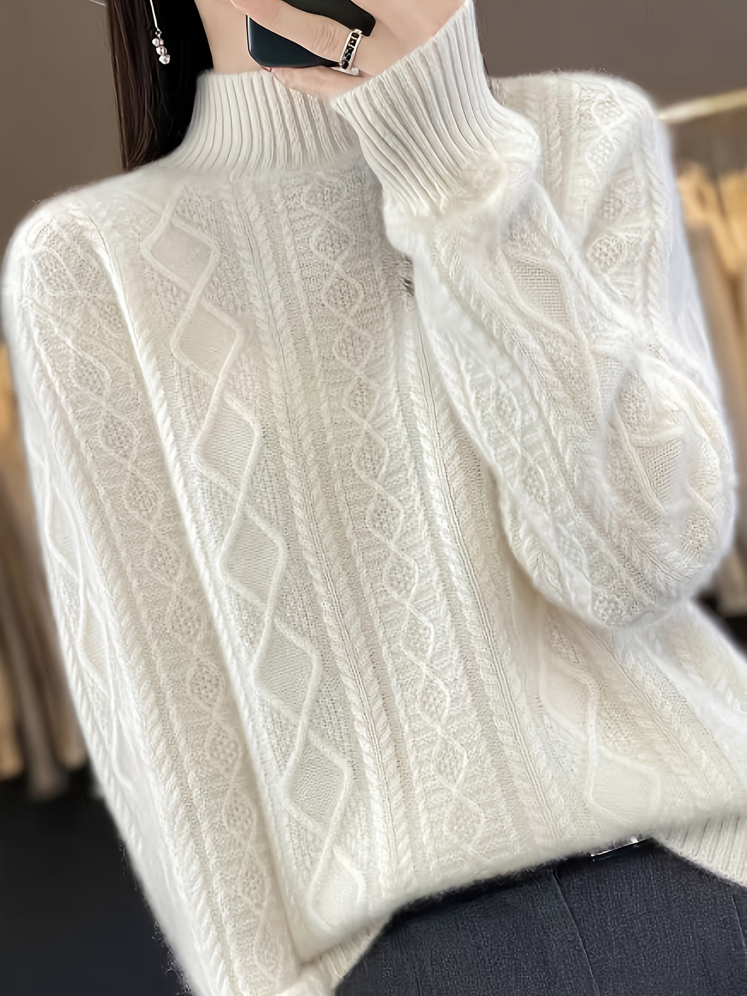 Zopfmuster Pullover mit Stehkragen für Damen