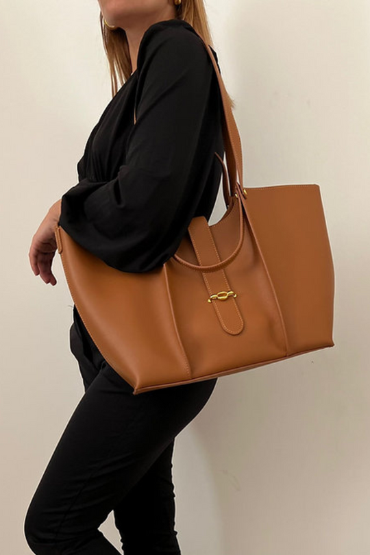 Vera Caffè | Große Business-Tasche aus veganem Ultrafiber mit Laptopfach und goldenen Details für Damen