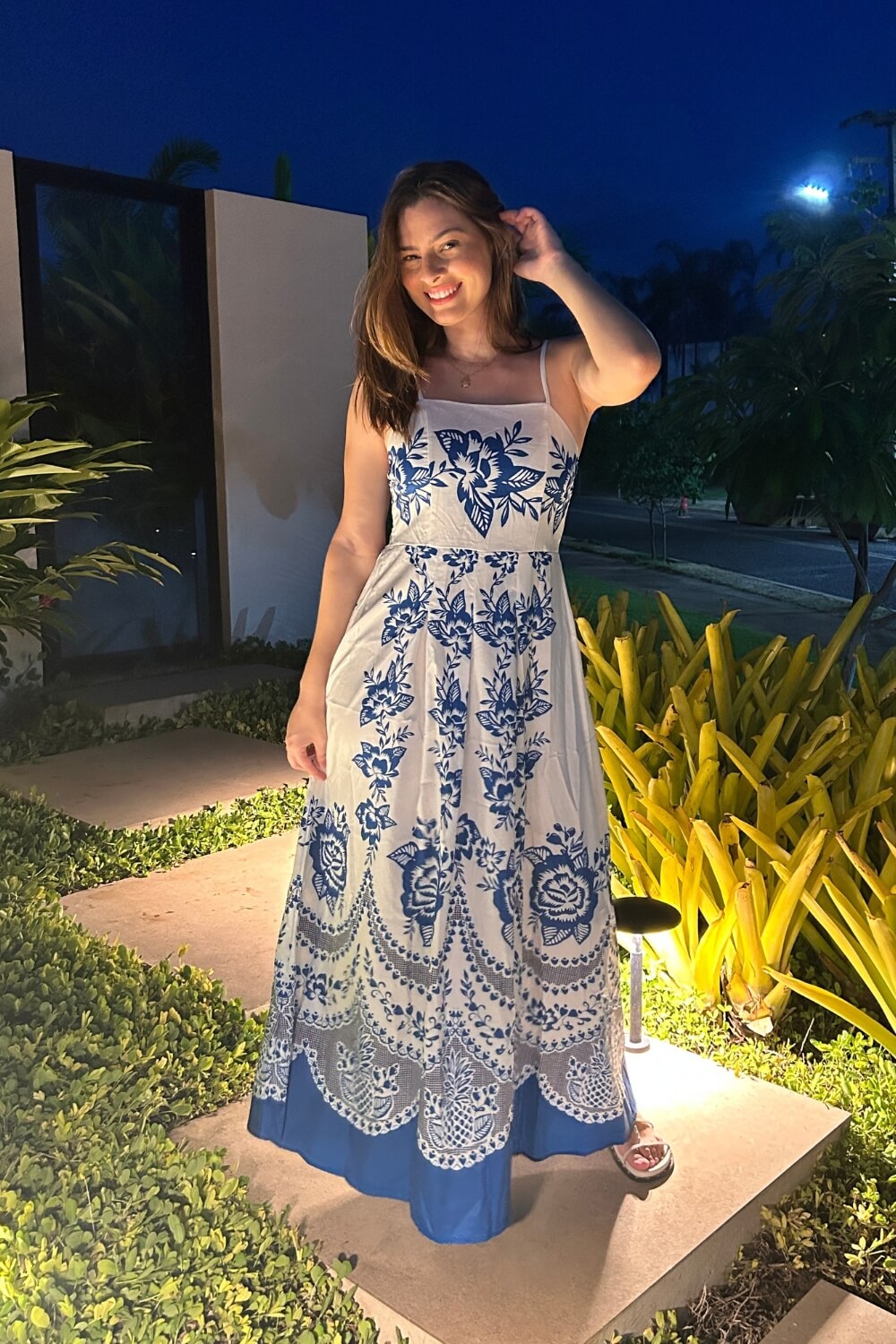 Polyester Spaghettiträger Midikleid Blau