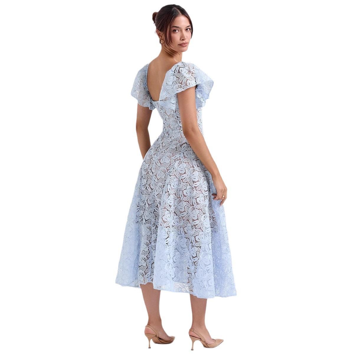 Spitzen-Kleid mit Glockenärmeln Midi Blau