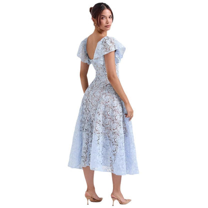 Spitzen-Kleid mit Glockenärmeln Midi Blau