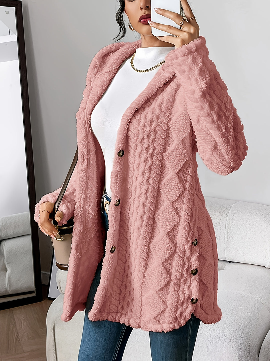 Lässiger Teddy-Mantel mit Knöpfen für Damen