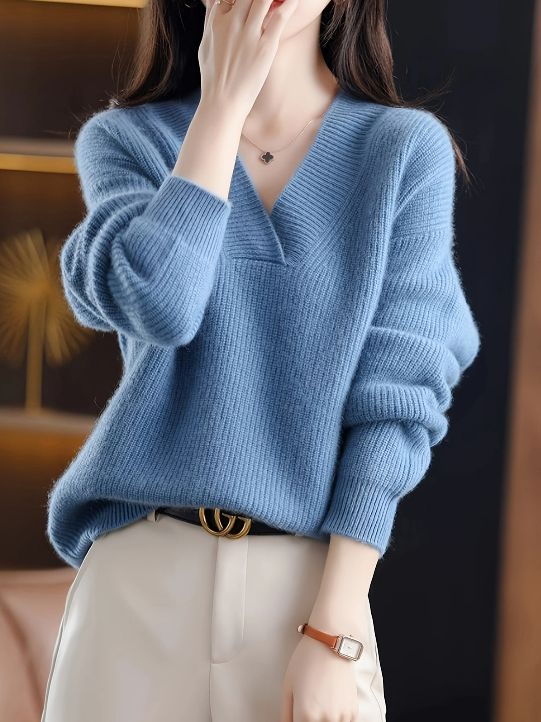 Locker geschnittener V-Ausschnitt Pullover für Damen