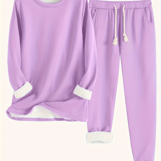 Zweiteiliges Fleece-Set mit Rundhalsausschnitt und Hose für Damen