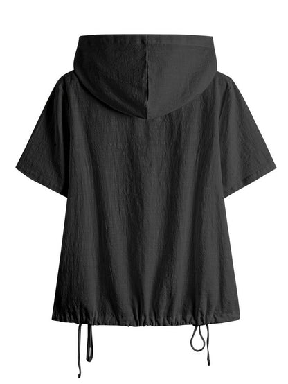 Lässiger kurzärmeliger Kapuzenpullover mit Knopfleiste