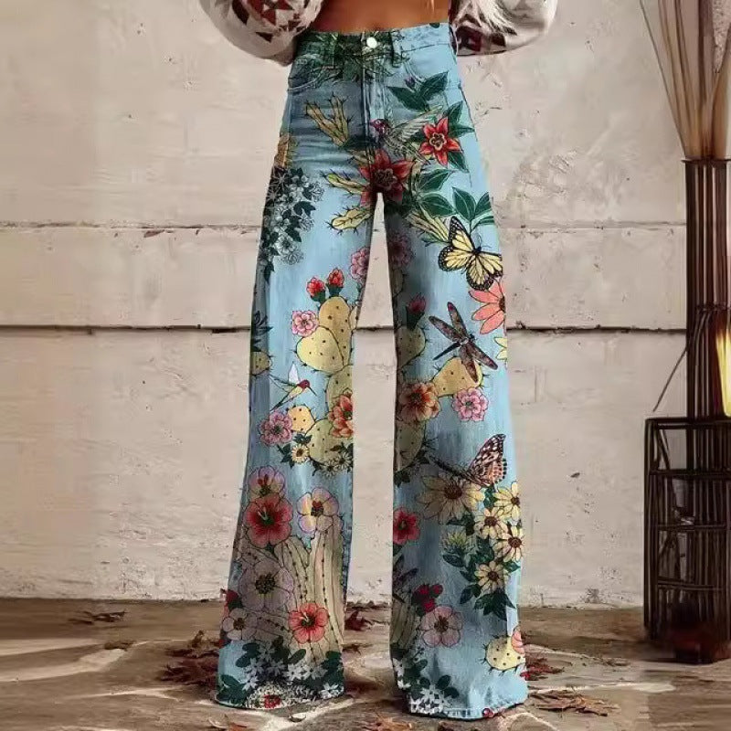 Damen Schlaghose Mit Blumenmuster Im Retro Stil