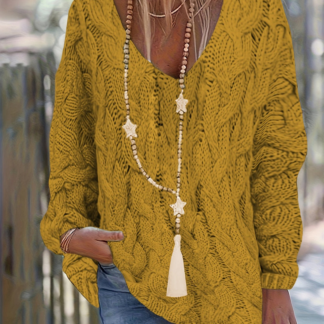 Grob gestrickter V-Ausschnitt Pullover mit Zopfmuster für Damen