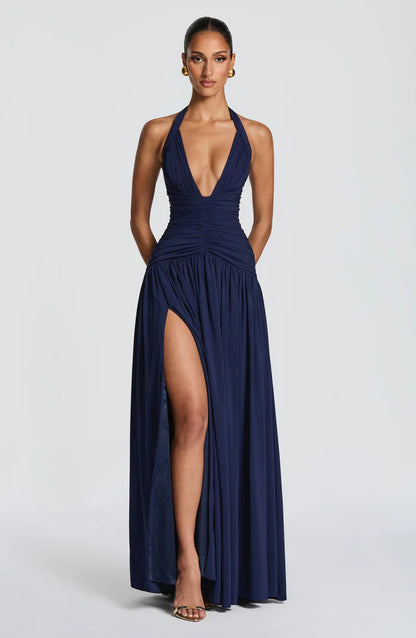 Fließendes Ärmelloses Maxikleid Marineblau Salbei Gelb