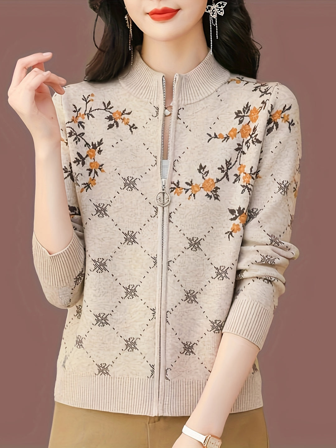 Jacquard Strickjacke mit Reißverschluss und Stehkragen für Damen