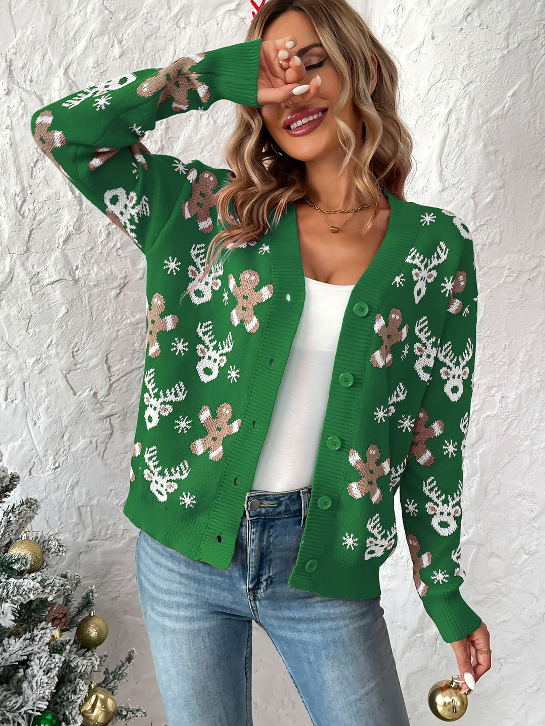 Weihnachtsstrickjacke mit Rentier- und Schneeflockenmuster für Damen