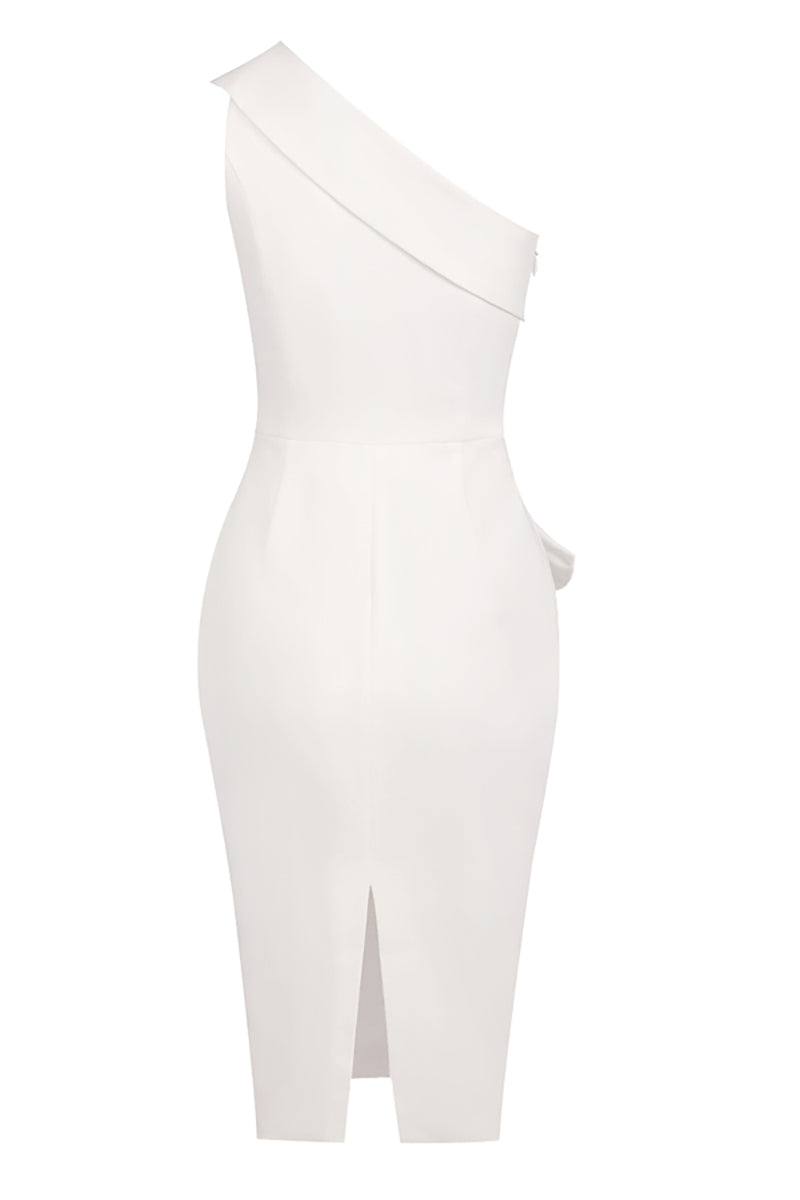 Weißes Midi-Kleid mit Volants und schulterfreiem Ausschnitt