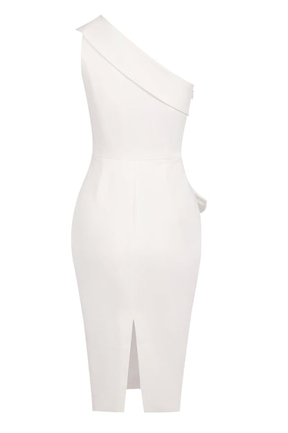 Weißes Midi-Kleid mit Volants und schulterfreiem Ausschnitt