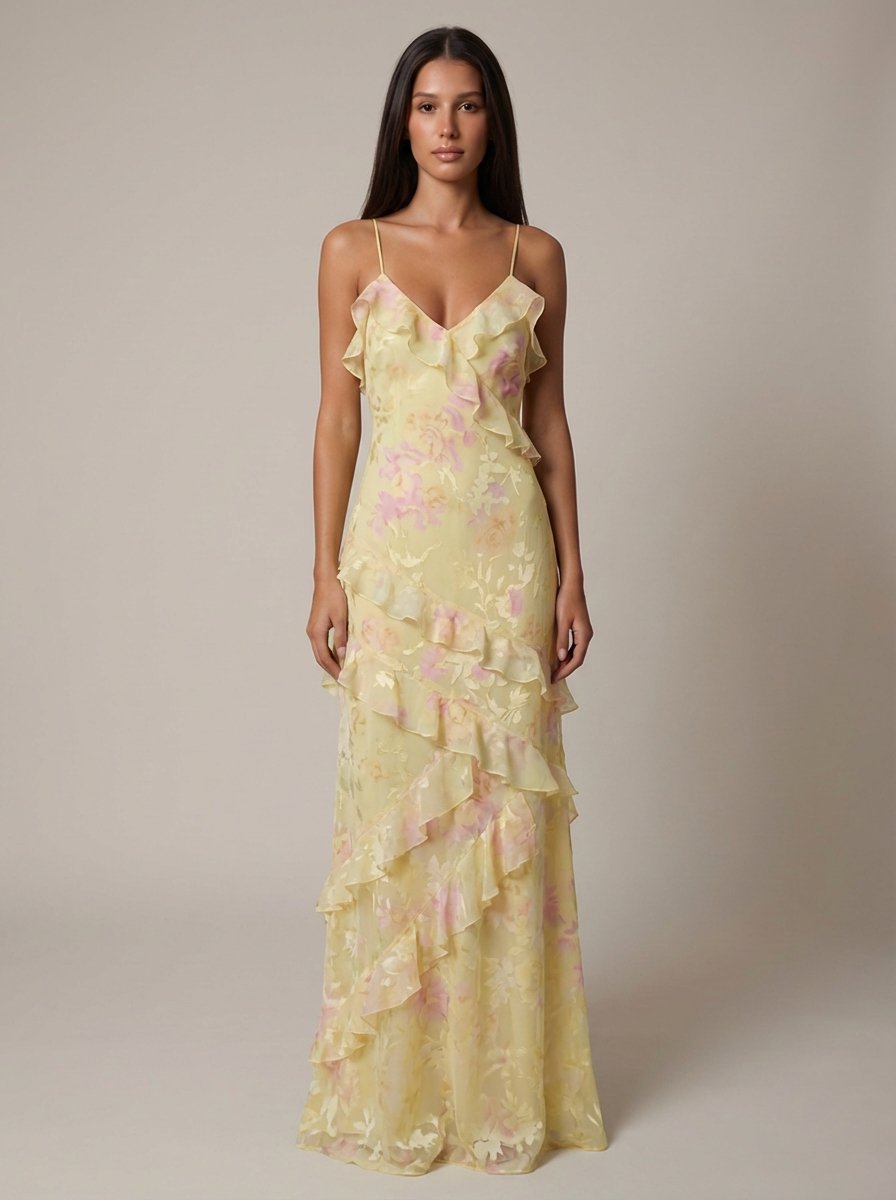 Florales Rüschen-Maxikleid in Gelb und Pink