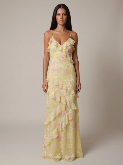 Florales Rüschen-Maxikleid in Gelb und Pink