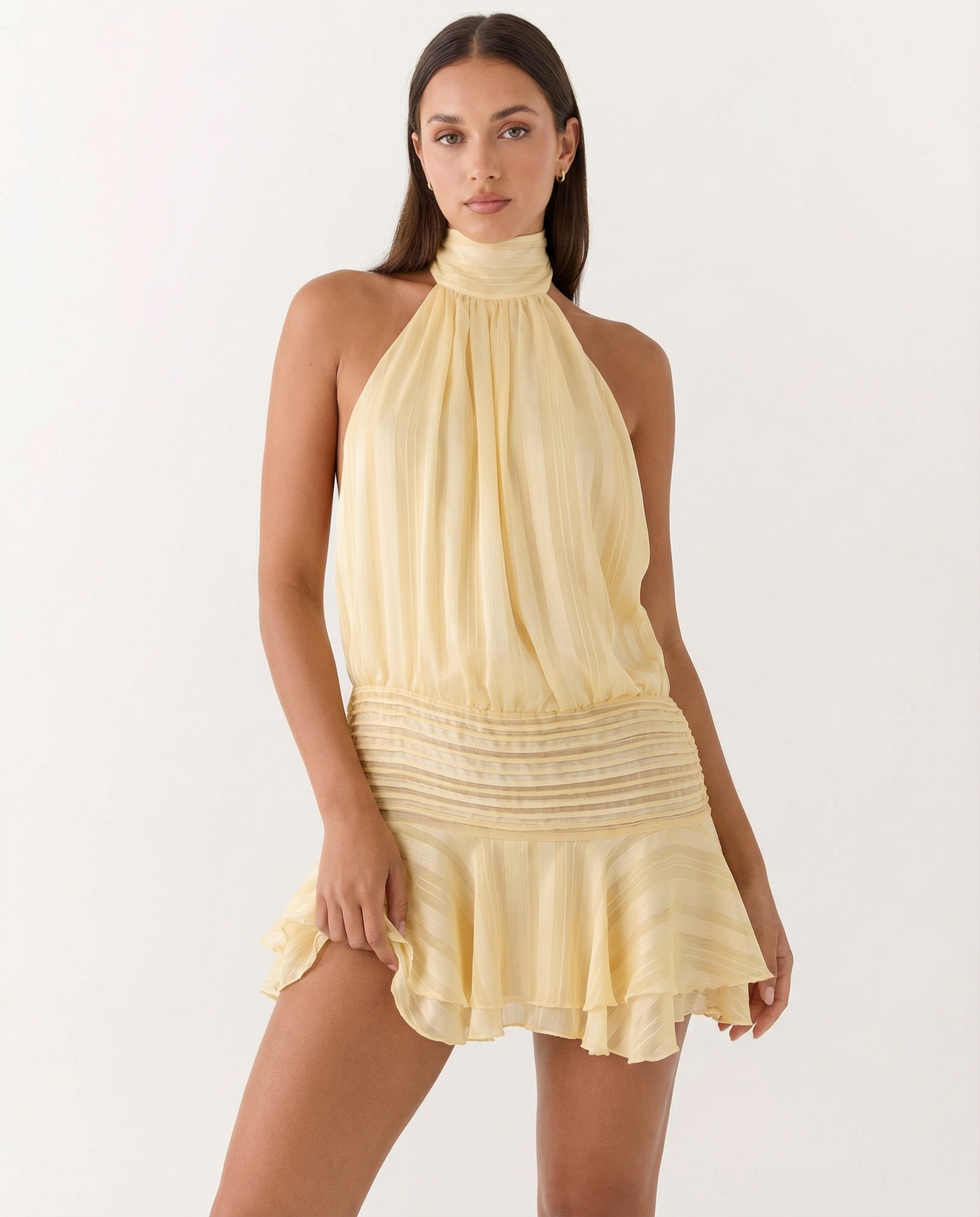 Chiffon Neckholder Mini Kleid in Hellblau