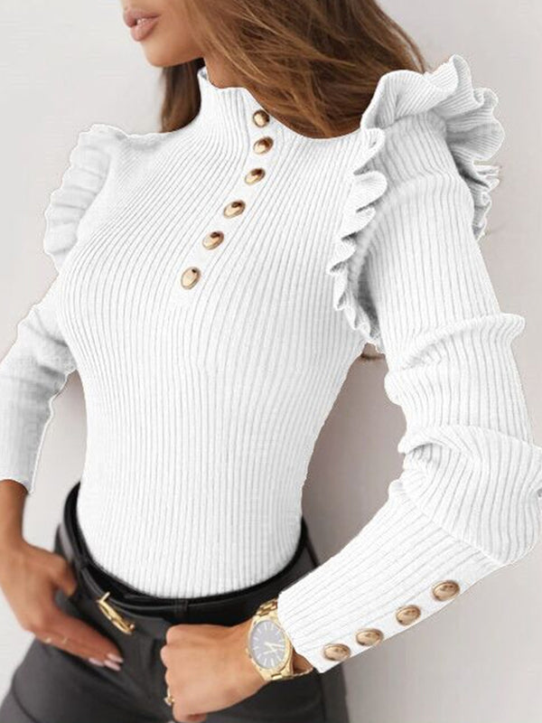 Damen Strickpullover Mit Rüschenärmeln Und Knopfleiste