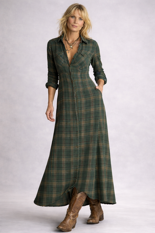 Karierter Maxikleid mit langen Ärmeln