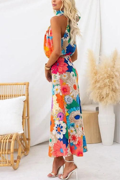 Ärmelloses Maxikleid mit Blumenmuster und Schleifenbinde am Hals