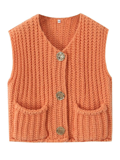 Damen Strickweste Ärmellos Mit Knöpfen Und Taschen