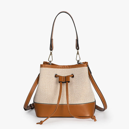 Canvas-Eimer-Tasche mit veganem Lederbesatz und Kordelverschluss