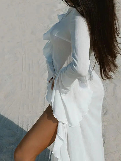 Langärmliges Strandkleid mit Rüschen