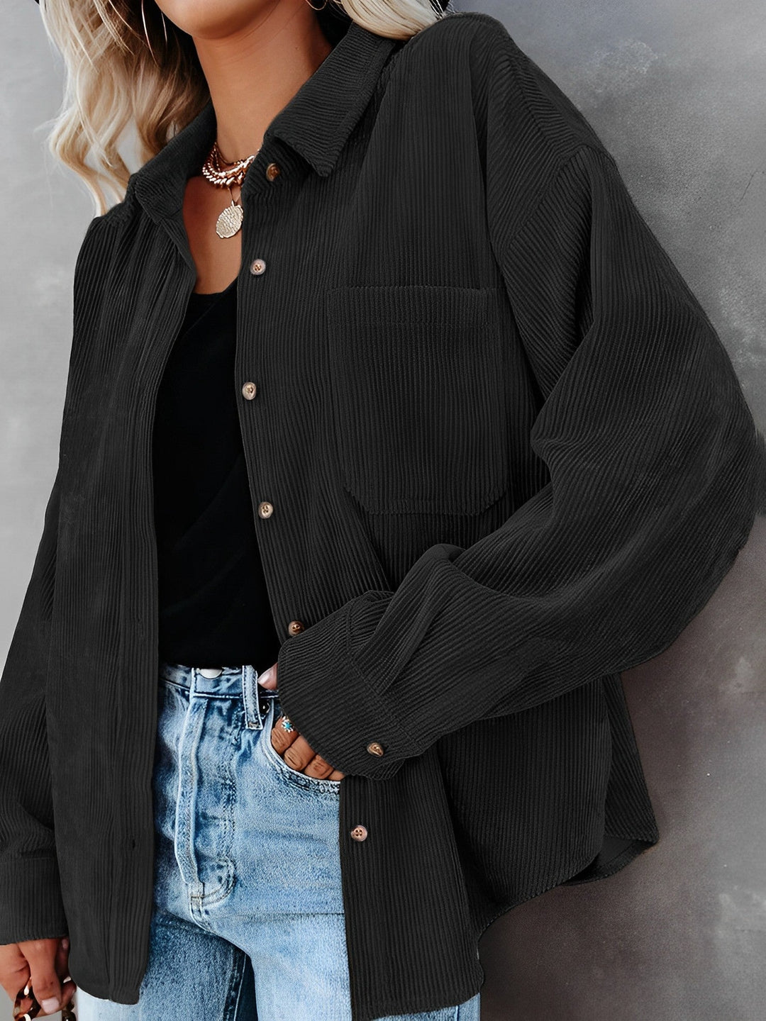 Damen Cordjacke Mit Knopfleiste