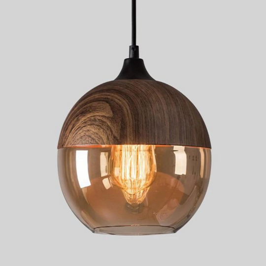Skandinavische Holz-Deckenlampe mit getöntem Glas